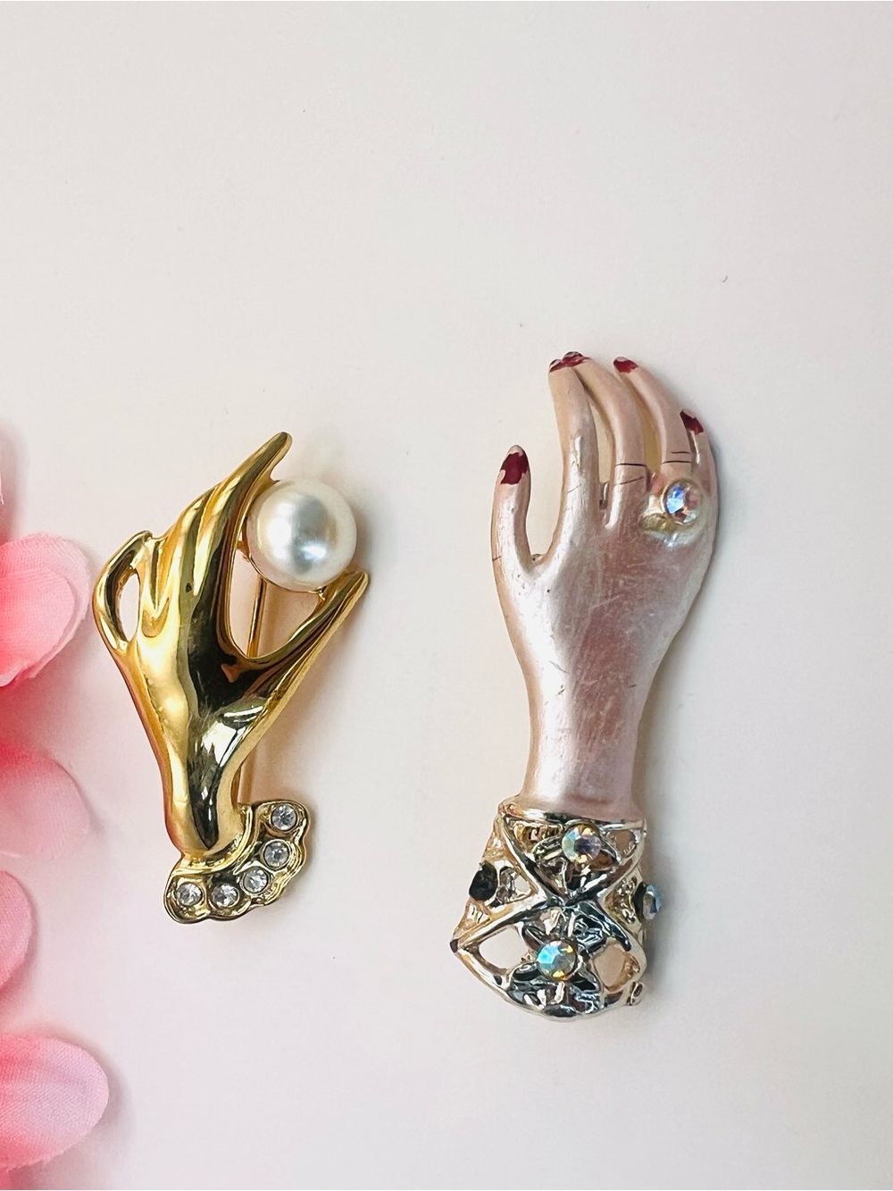 Gold & Enamel Hand Pearl Accent Brooch - lot of 2